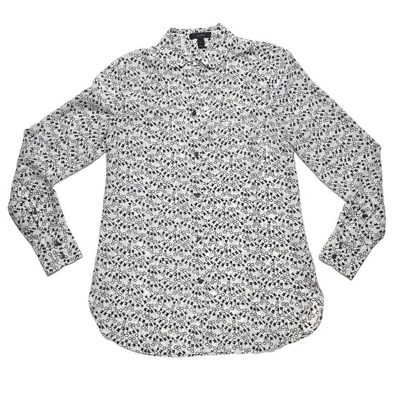 J.CREW 100% Silk Blouse In Key Print White Size 0 Sz Small Club Collar Classic - Picture 1 of 11
